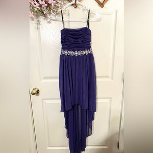 A-Line High-Low Strapless Chiffon Corset Back Dress Ruching And Waist Jewelry
